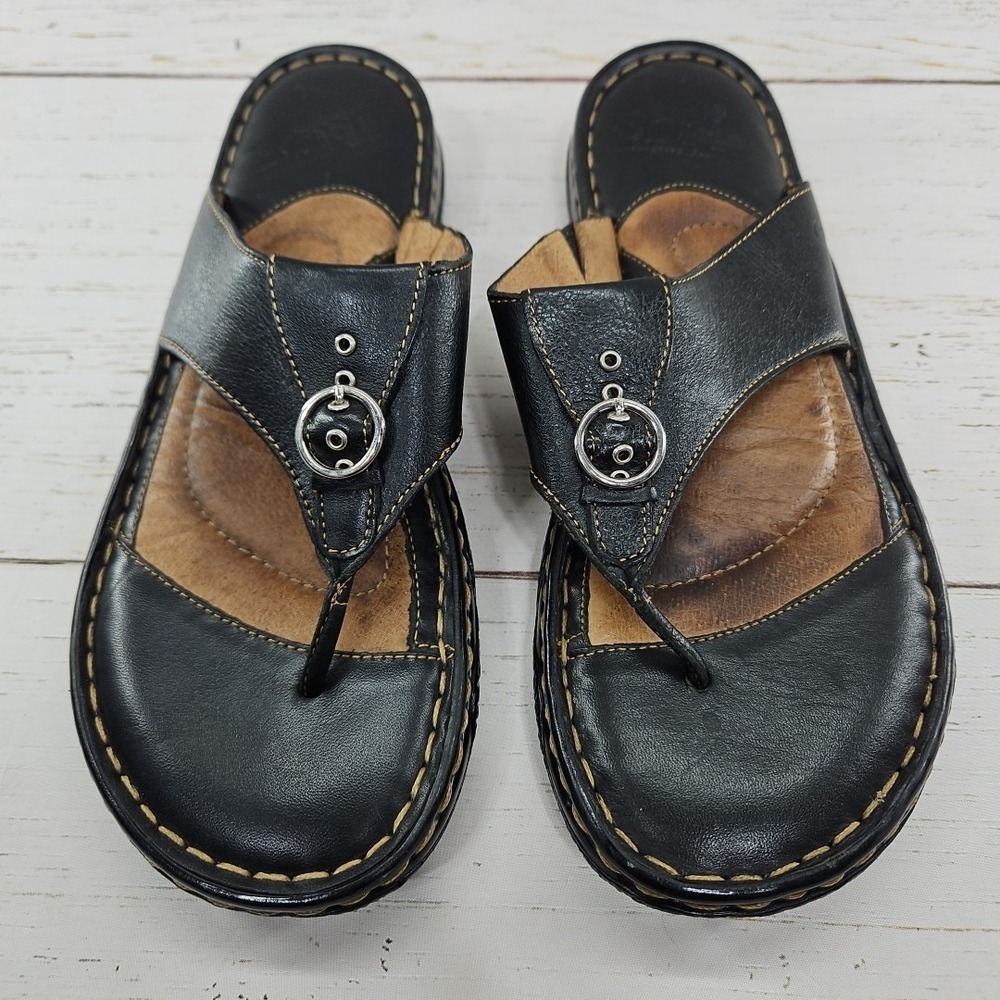 Born Women 8 Black Leather Thongs Flip Flops Slides Sandals Comfort Shoes W31465 - Picture 2 of 8